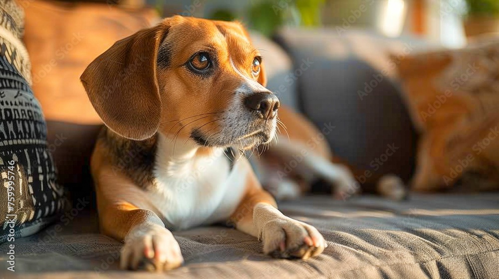 Contemplative Beagle Resting on a Cozy Blanket. Generative ai