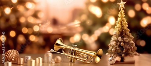A Christmas tree with a golden trombone on top