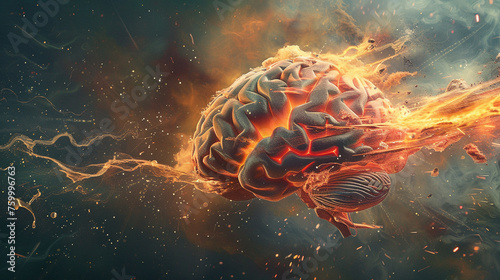 Concept art of a human brain exploding with knowledge, selective focus, photo