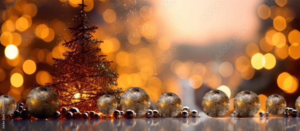 Fototapeta premium A small Christmas tree with gold ornaments sits on a snowy ground