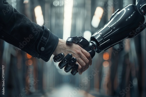 Two individuals engaging in a handshake with a robotic figure in a futuristic setting, symbolizing collaboration in the era of artificial intelligence and machine learning