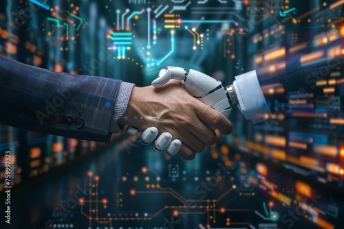 Two individuals engaged in a handshake gesture against the backdrop of a modern cityscape, symbolizing collaboration in the realm of artificial intelligence and machine learning for the future photo