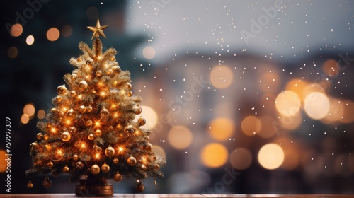 A small Christmas tree with gold ornaments sits on a snowy ground © akhmad