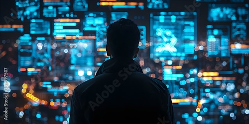 Investigating Cyber Security Threats with Holographic Digital Screens. Concept Cyber Security Threats, Holographic Screens, Digital Investigations