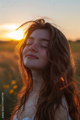 portrait of a smiling girl with closed eyes at sunset Generative AI © València