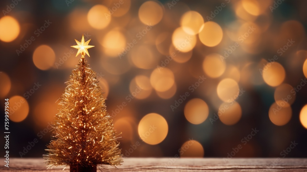 A small Christmas tree with gold ornaments sits on a snowy ground