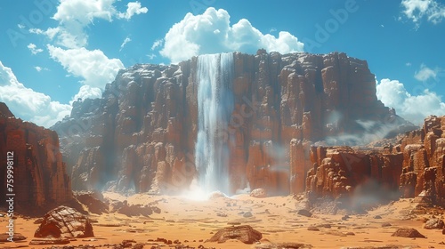 futuristic landscape with majestic waterfalls from high cliffs against a background reminiscent of an alien planet. Concept: science fiction illustrations, space travel, inspiration for books and game