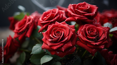 Bouquet of beautiful red roses on dark background, closeup, Generate Ai