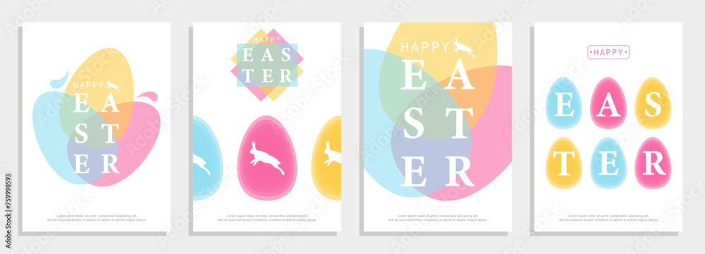 Happy Easter set. Patterns. Greeting card template. Vector Easter illustration. Easter eggs, rabbit. Perfect for a poster, holiday cover, or postcard.