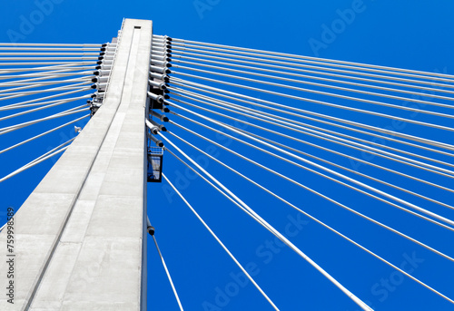 Steel cables of Swietokrzyski bridge over the Vistula river in Warsaw
