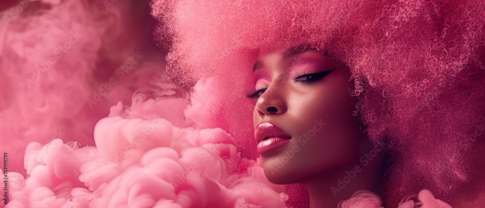  a close up of a person with pink hair and pink smoke coming out of her face and behind her is a photo of a woman with pink hair.