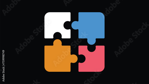 Separated four piece puzzle over Black background. Pink White Blue Orange pieces