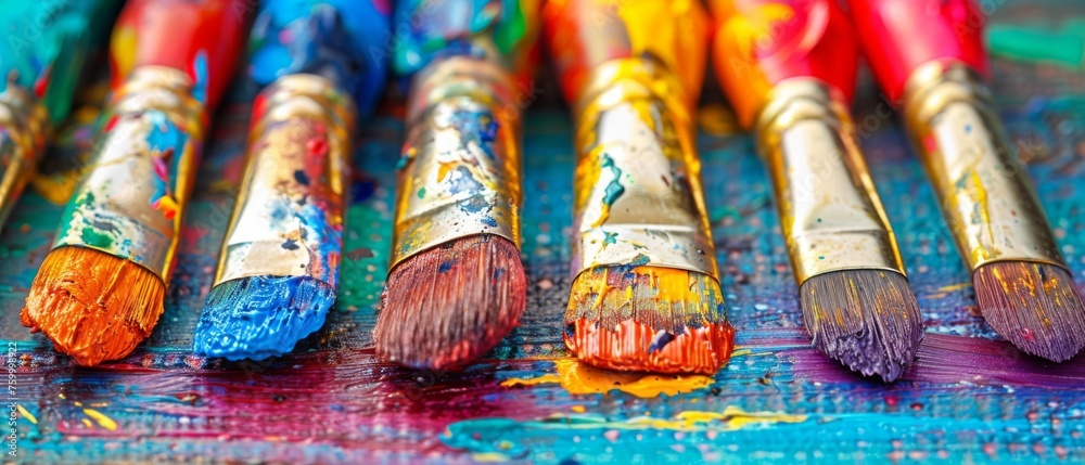  a group of paintbrushes sitting on top of a table covered in lots of different colors of acrylic paint.