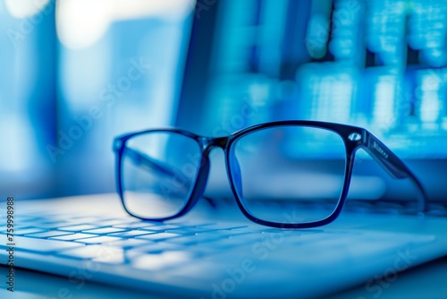 Close-up of keyboard and glasses with executive's background, A glass on a keyboard closeup, keyboard and glass closeup, digital marketing, online marketing, keyboard closeup 