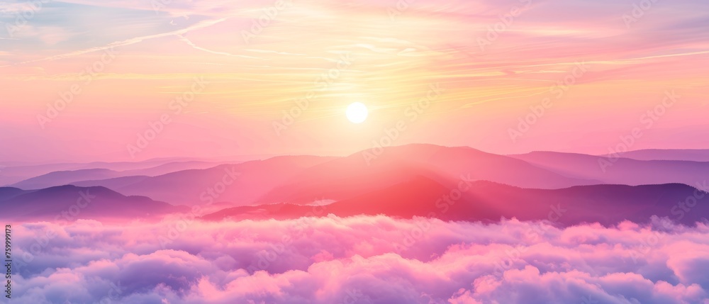  the sun is setting over a mountain range with clouds in the foreground and a pink and blue sky in the background.