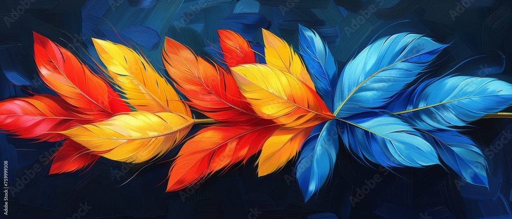 a painting of a multicolored feathered branch on a black background with a blue sky in the background. a painting of a multicolored feathered branch on a black background with a blue sky in the background.