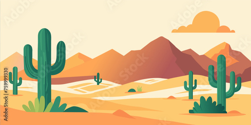 Stylized flat vector illustration of a peaceful desert scene with cacti and mountains as the sun sets. Festive poster  mexican background  Mexico backdrop for festival Cinco de mayo