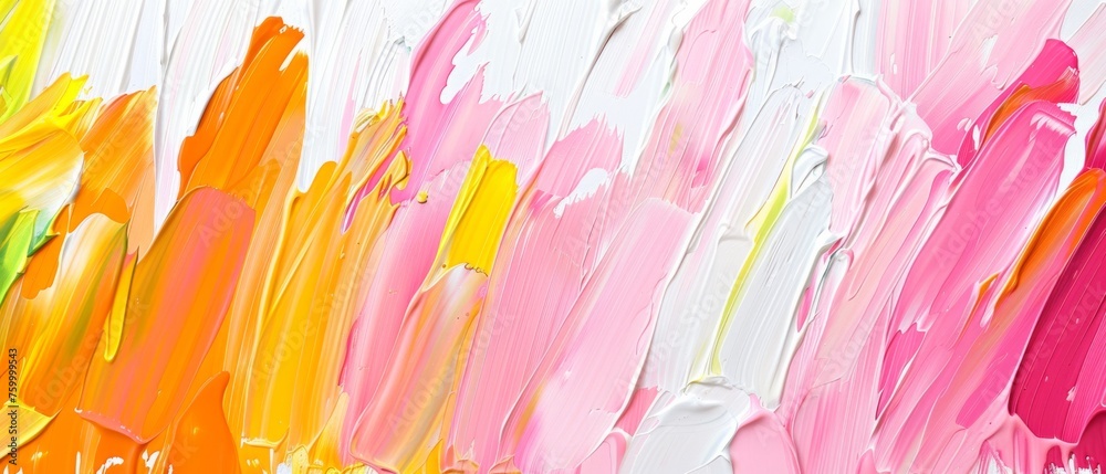  A close-up image of a paintbrush applying several shades of pink, yellow, orange, and pink to a pure white canvas..  generative ai