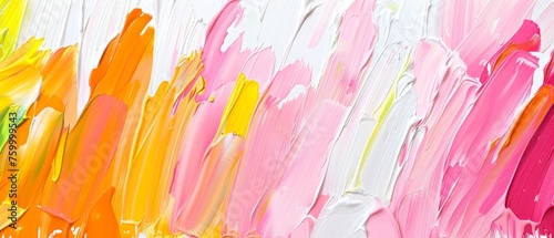  A close-up image of a paintbrush applying several shades of pink  yellow  orange  and pink to a pure white canvas..  generative ai