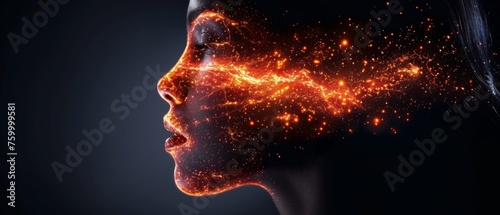  an image of a woman's face with a lot of stars coming out of her face and hair blowing in the wind.