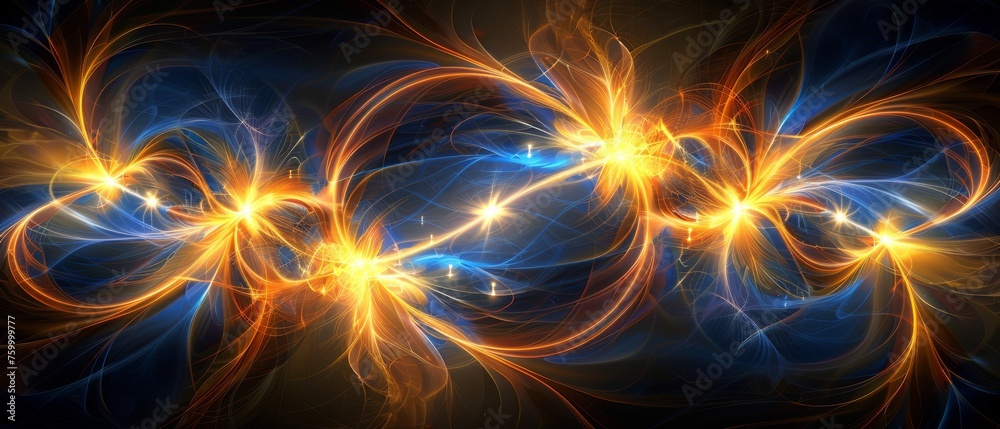 Black background, orange and blue swirls, yellow center Black background, orange and blue swirls, yellow center