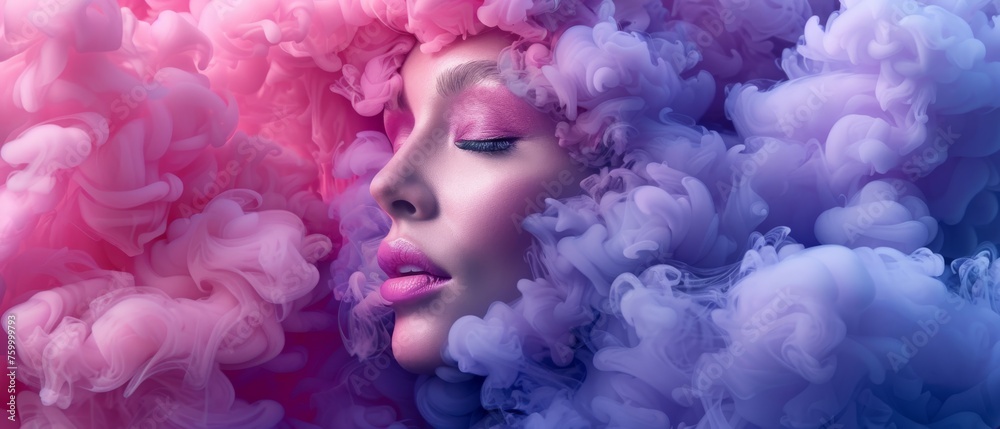  Woman with eyes closed in pink-blue smoke