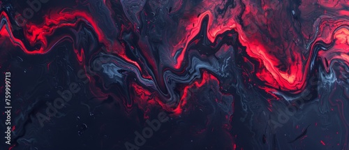  Red-black swirls on black canvas, water droplets highlighted in red and blue..