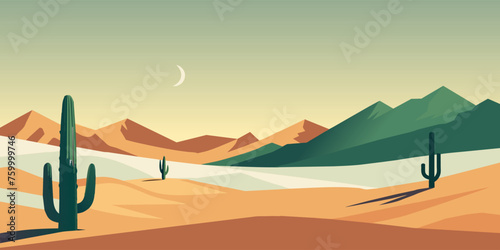 Stylized flat vector illustration of a peaceful desert scene with cacti and mountains as the sun sets. Festive poster, mexican background, Mexico backdrop for festival Cinco de mayo