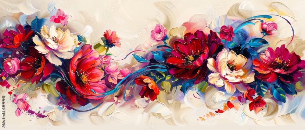  A stunning abstract artwork featuring vibrant red, white, and blue blossoms against a crisp white canvas. The swirling center adds depth to this mesmerizing piece.