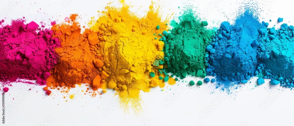  Different hued powders, arrayed on white plate against stark white backdrop.