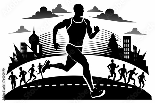 marathon runner silhouette, black and white, front view