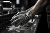 Persons hands seen washing dirty dishes in the kitchen sink - household chores and hygiene concept