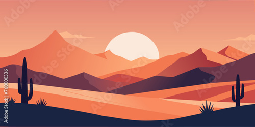 Stylized flat vector illustration of a serene desert scene during sunset with large cacti and mountains. Festive poster, mexican background, Mexico backdrop for festival Cinco de mayo