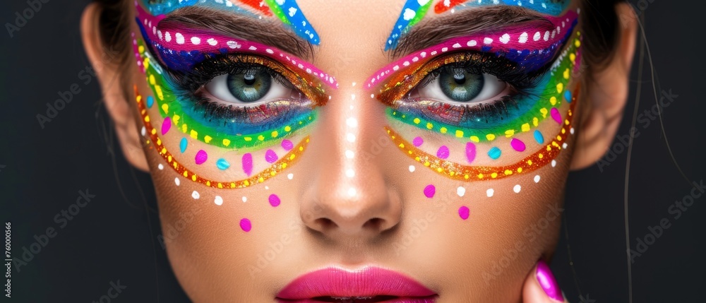  A lady's close-up face, adorned with vibrant makeup and a butterfly on it