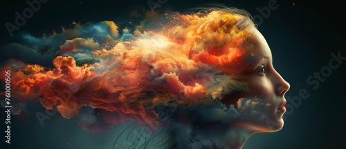  A woman's head with a colorful cloud of smoke emerging from the crown of her hair