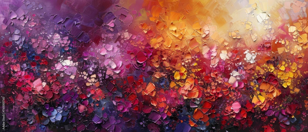  Close-up image of multicolored painting on glass canvas. Palette includes red, yellow, orange, purple, pink.