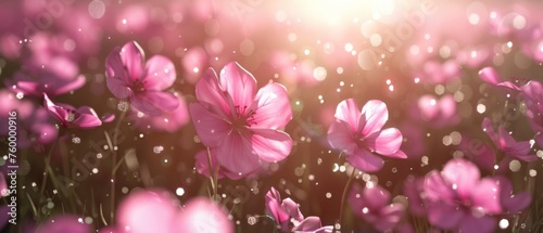  Pink flowers fill field, sun shines through right-side leafed petals.