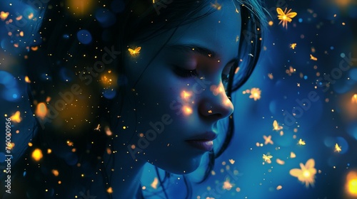 An ethereal image of a girl model surrounded by softly glowing fireflies against a deep midnight blue background.