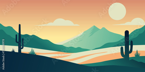 Tranquil, serene desert landscape at twilight with warm pastel colors, cacti, and peaceful mountains, depicted in stylized minimalist illustration. Festive poster, mexican background, Mexico backdrop