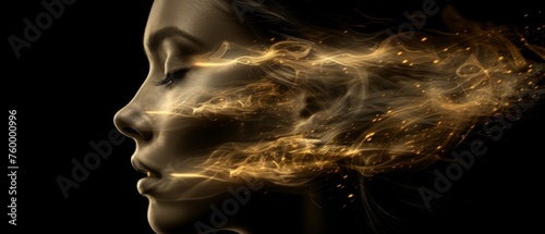  A close-up image of a woman's face with flames emanating from her eyes and hair billowing.