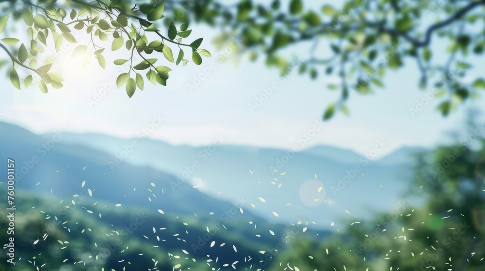A simple background with an empty space for your own design. The background includes a blurred image of mountains, a blue sky with sunlight, and tiny green leaves.