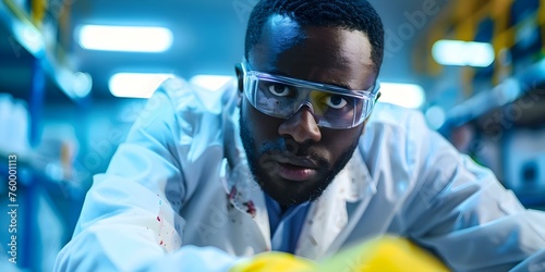 Dedicated African American forensic scientist meticulously investigates crime scene focusing intensely. Concept Forensic Science, Crime Scene Investigation, African American, Detective Work