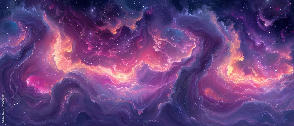   A painting depicts a swirling blend of purple, blue, and pink hues, centered around a starry middle, set against a backdrop of the sky