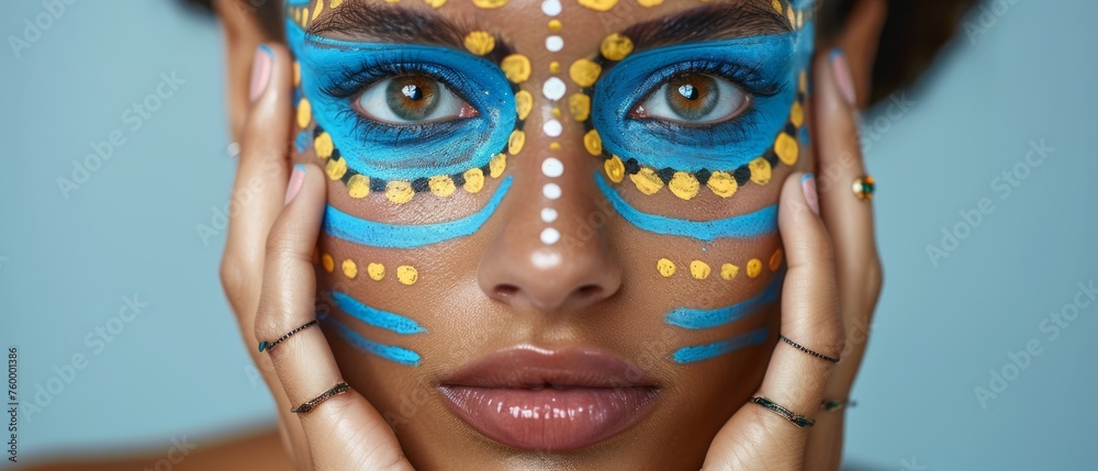 A woman with blue and yellow face paint raises her hands to her face, positioning them on top of her face. A woman with blue and yellow face paint raises her hands to her face, positioning them on top of her face.