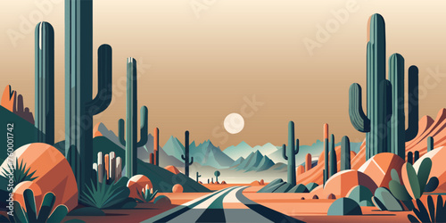 Stylized flat illustration of cacti and mountains against a sunset sky. Festive poster, mexican background, Mexico backdrop for festival Cinco de mayo