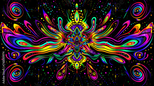 rhythm of a music festival rave, creating a psychedelic shape that captivates against a black backdrop
