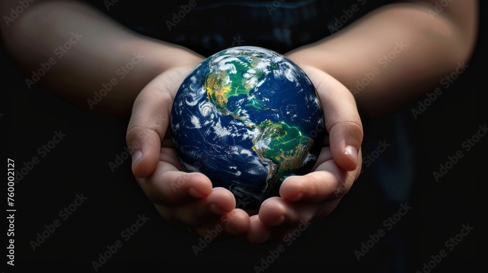 The child's hands hold the planet Earth. The concept of caring for the environment for the future generation. The child's hands hold the planet Earth. The concept of caring for the environment for the future generation.