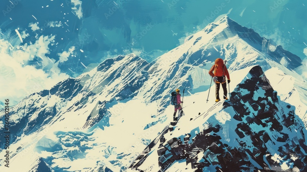 two skiers crossing the snow, expert mountaineer at the summit of a snow-capped mountain, an alpinist reaching the summit of a snowy mountain in a big mountain range