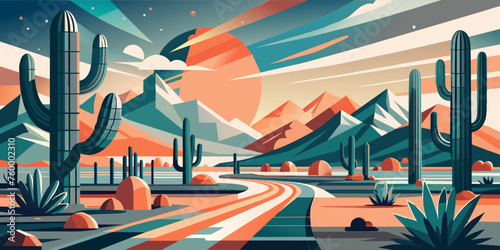 Stylized flat illustration of cacti and mountains against a sunset sky. Festive poster, mexican background, Mexico backdrop for festival Cinco de mayo