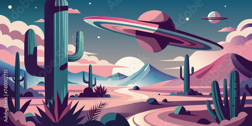 Stylized flat illustration of a desert landscape at sunset with cacti and sombrero. Festive poster, mexican background, Mexico backdrop for festival Cinco de mayo